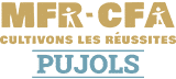 Logo MFR-CFA Pujols, slogan Cultivons les réussites, couleurs doré et bleu avec silhouettes humaines stylisées.