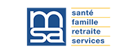 MSA : Logo officiel Santé, Famille, Retraite et Services Logo MSA bleu et blanc : santé, famille, retraite et services séparés par des lignes jaunes.
